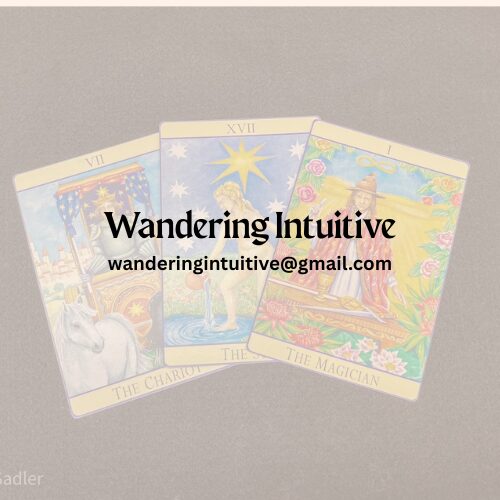 Three tarot cards fanned out on a gray surface with text overlay. The cards depict various mystical images.