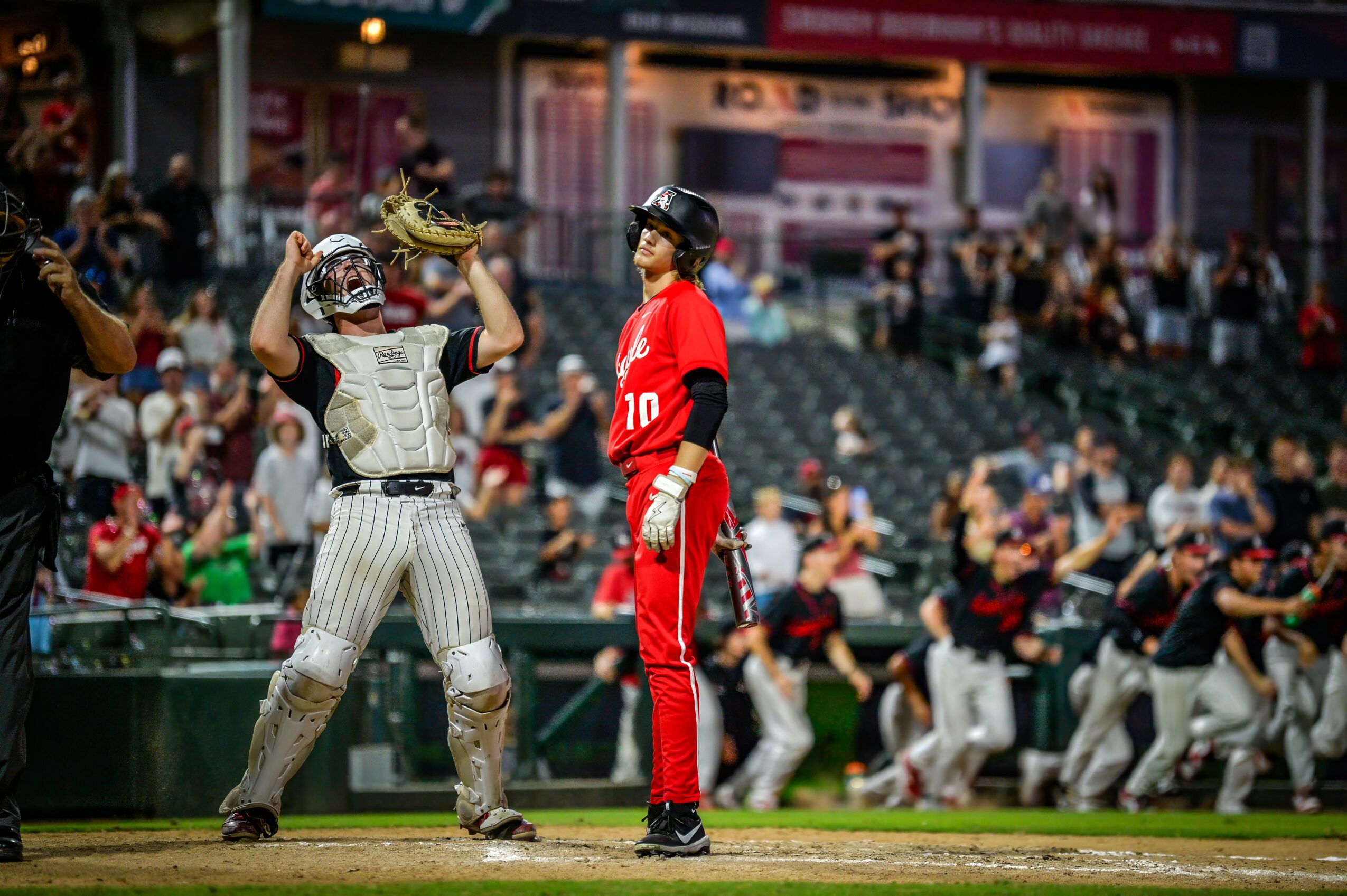 Baseball player in red uniform and catcher in gear on field with spectators in background.