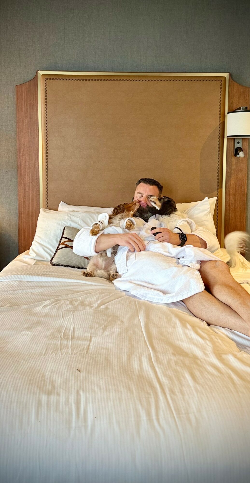 Person lying on bed with a dog, in a room with a large headboard and beige bedding.