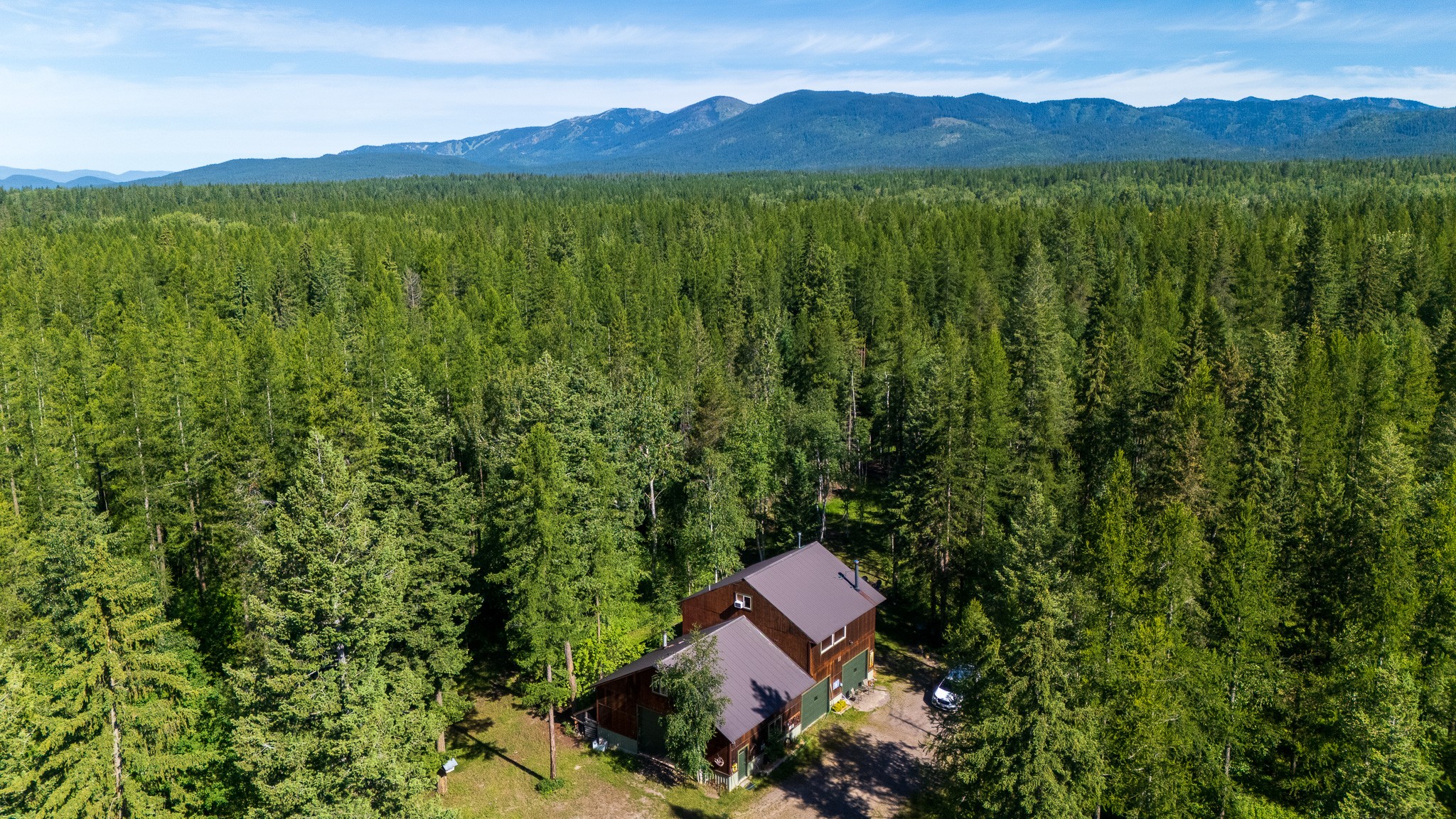 A house surrounded by dense forest with mountains in the background under a blue sky.