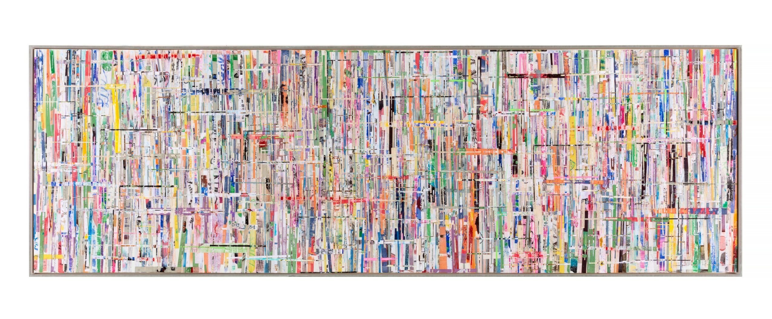 Abstract colorful artwork with numerous vertical and horizontal lines, creating a textured pattern, on a rectangular canvas.