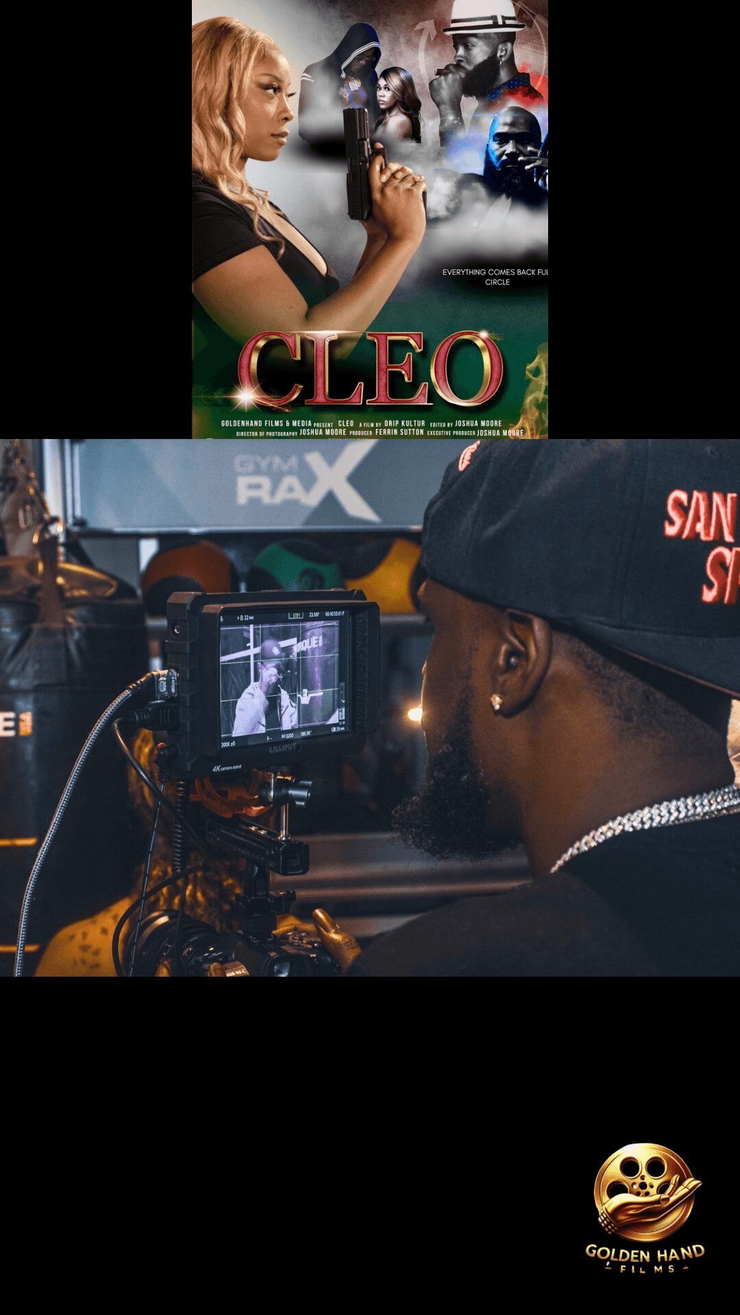 A person filming a movie scene with a camera, with a poster of a girl and the word 'CLEO' visible.