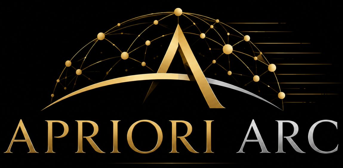 Logo with a large gold letter A and interconnected gold dots above the words 'APRIORI ARC' on a black background.