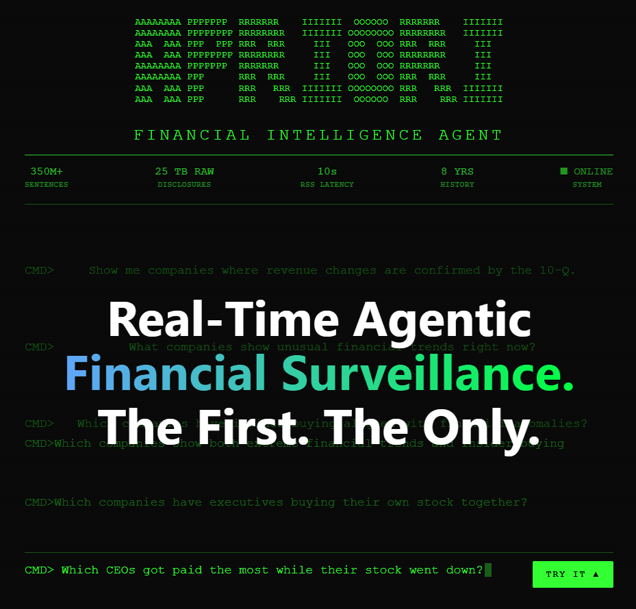 Screen with green text and a black background promoting real-time financial surveillance and a call to action button.