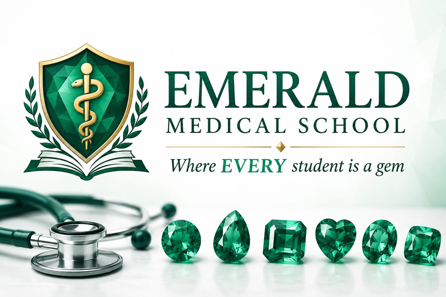 Emerald Medical School logo with a shield, medical symbols, and green gemstones, and the slogan 'Where every student is a gem'.