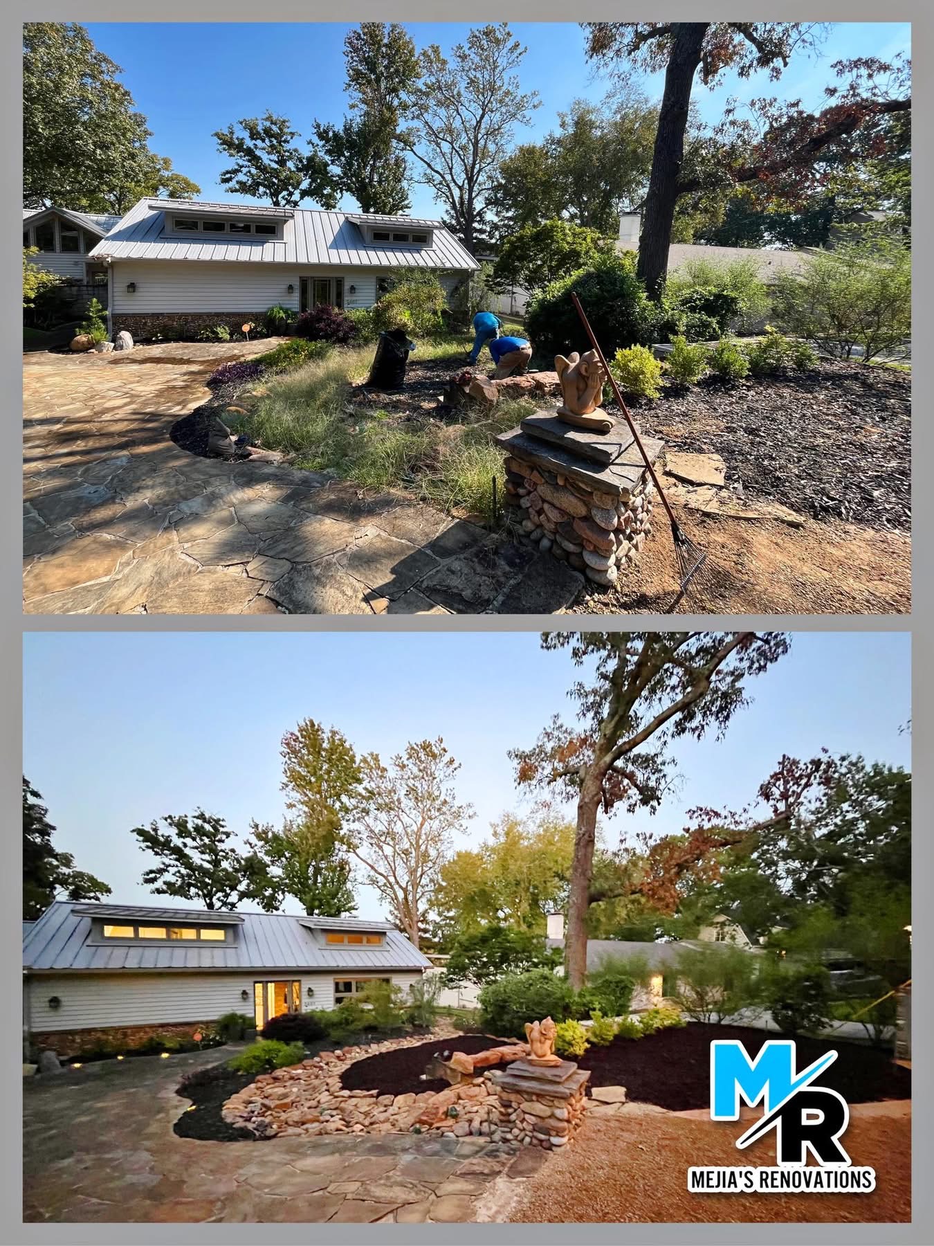 Two images of a backyard with trees, plants, and a brick fire pit, showing different stages of landscaping work, with a house in the background.