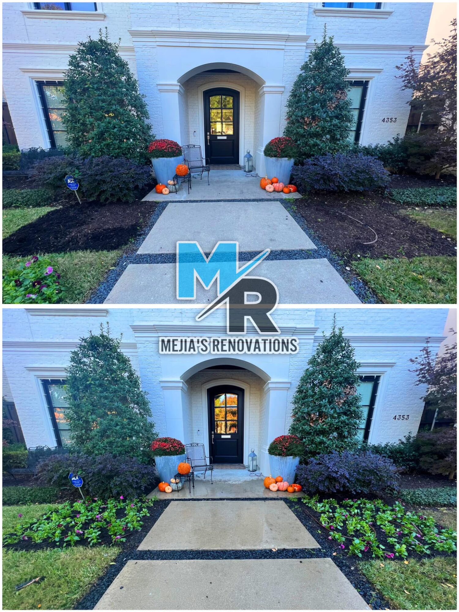 Front entrance of a house with a walkway, two bushes, pumpkins, and flowers, with a sign reading 'Mejia's Renovations'.