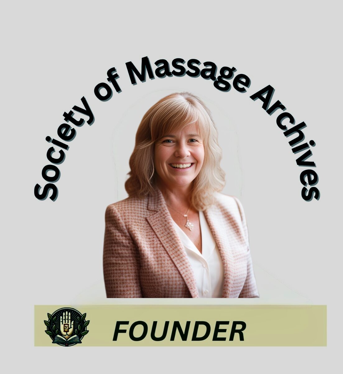 Smiling woman with shoulder-length hair in a blazer, with text indicating founder of Society of Massage Archives, and a logo.