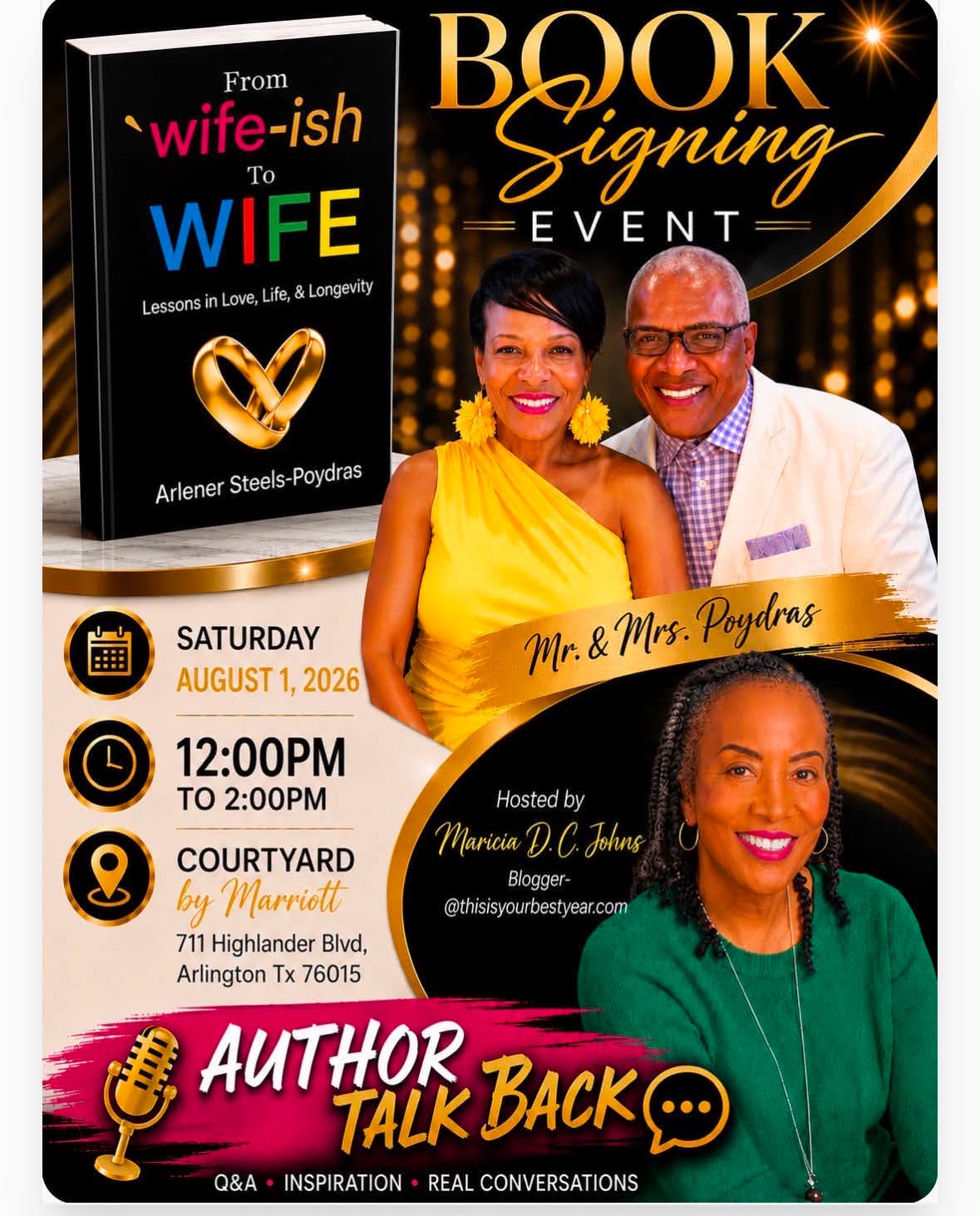 Book signing event poster featuring a woman in a yellow dress and a man in a white shirt, with a woman in green below. Event details include date, time, location, and host. Microphone icon and text about author talk back.