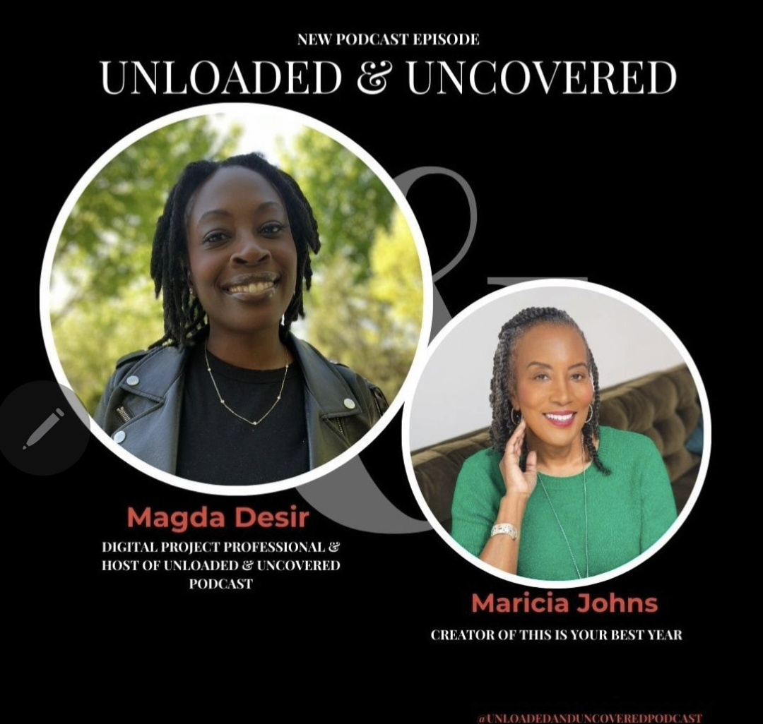 Two women smiling, one with dreadlocks outdoors and the other with straight hair indoors, in circular frames. Text about podcast episode.