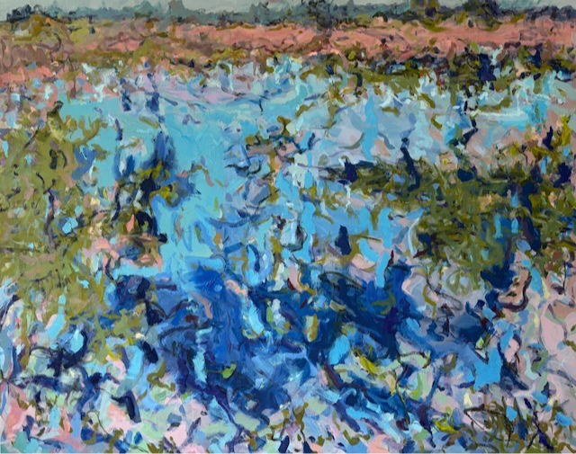 Abstract landscape with blue, green, and pink colors representing water, vegetation, and sky, in a painterly style.