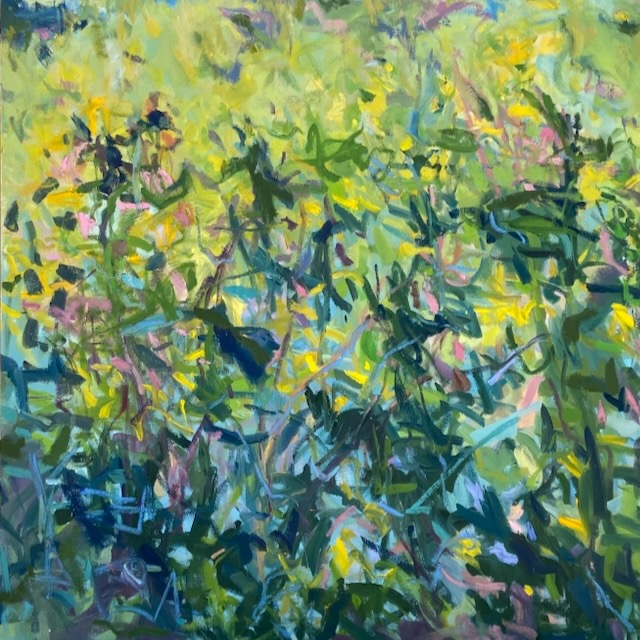 Abstract painting of green, yellow, and pink foliage with brushstrokes creating a dense, vibrant scene.