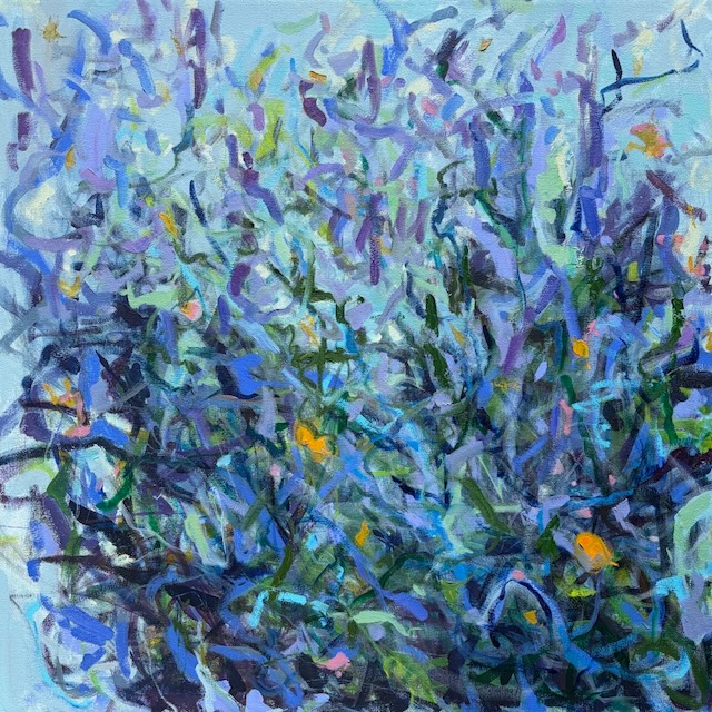 Abstract painting with blue, purple, green, and yellow brushstrokes creating a dense, textured pattern.
