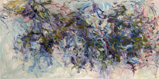 Abstract painting with purple, blue, and green brushstrokes on a light background.