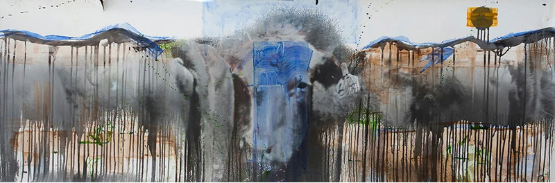 Abstract watercolor painting with blue, black, brown, and yellow colors, featuring drips and horizontal streaks.