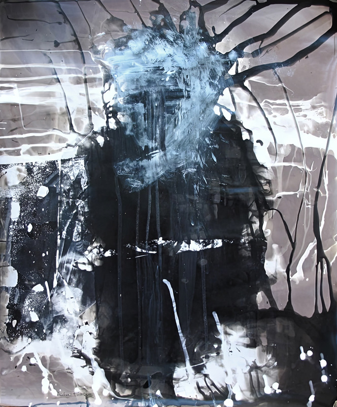 Abstract painting with black, white, and blue splashes and drips, creating a chaotic composition.