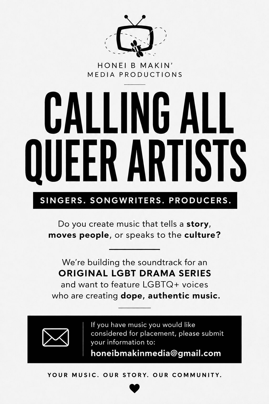Poster with text about queer artists, music, and a soundtrack series, featuring a TV icon and email contact.