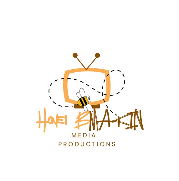 Logo with a bee, a stylized TV, and text for media productions, on a white background.