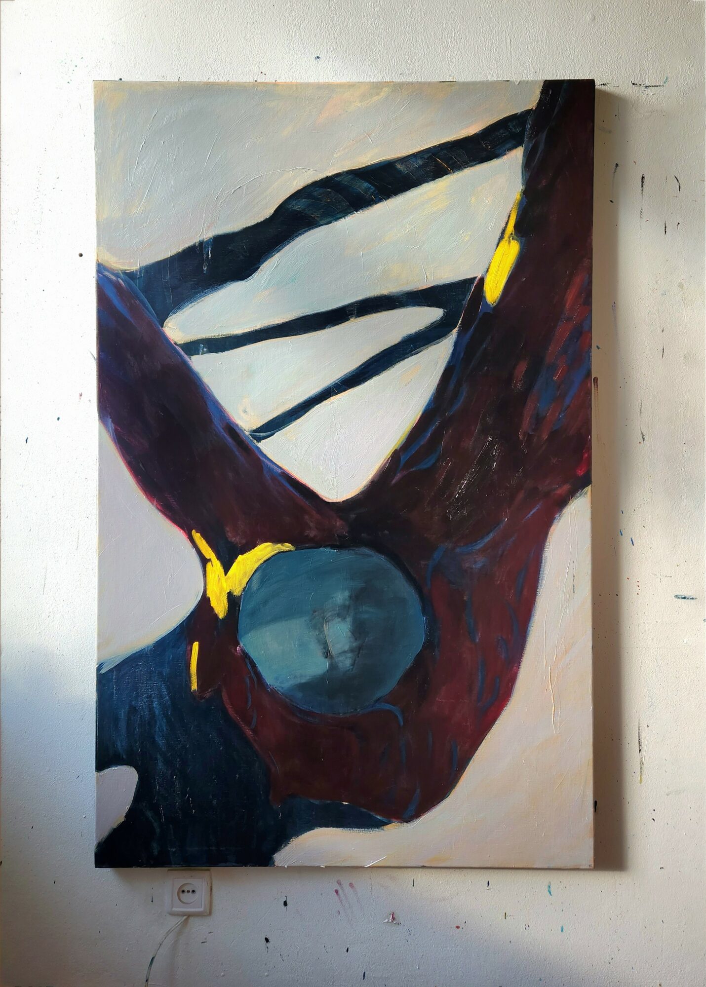 Abstract painting with dark, curved lines and a blue circular shape, on a light background.
