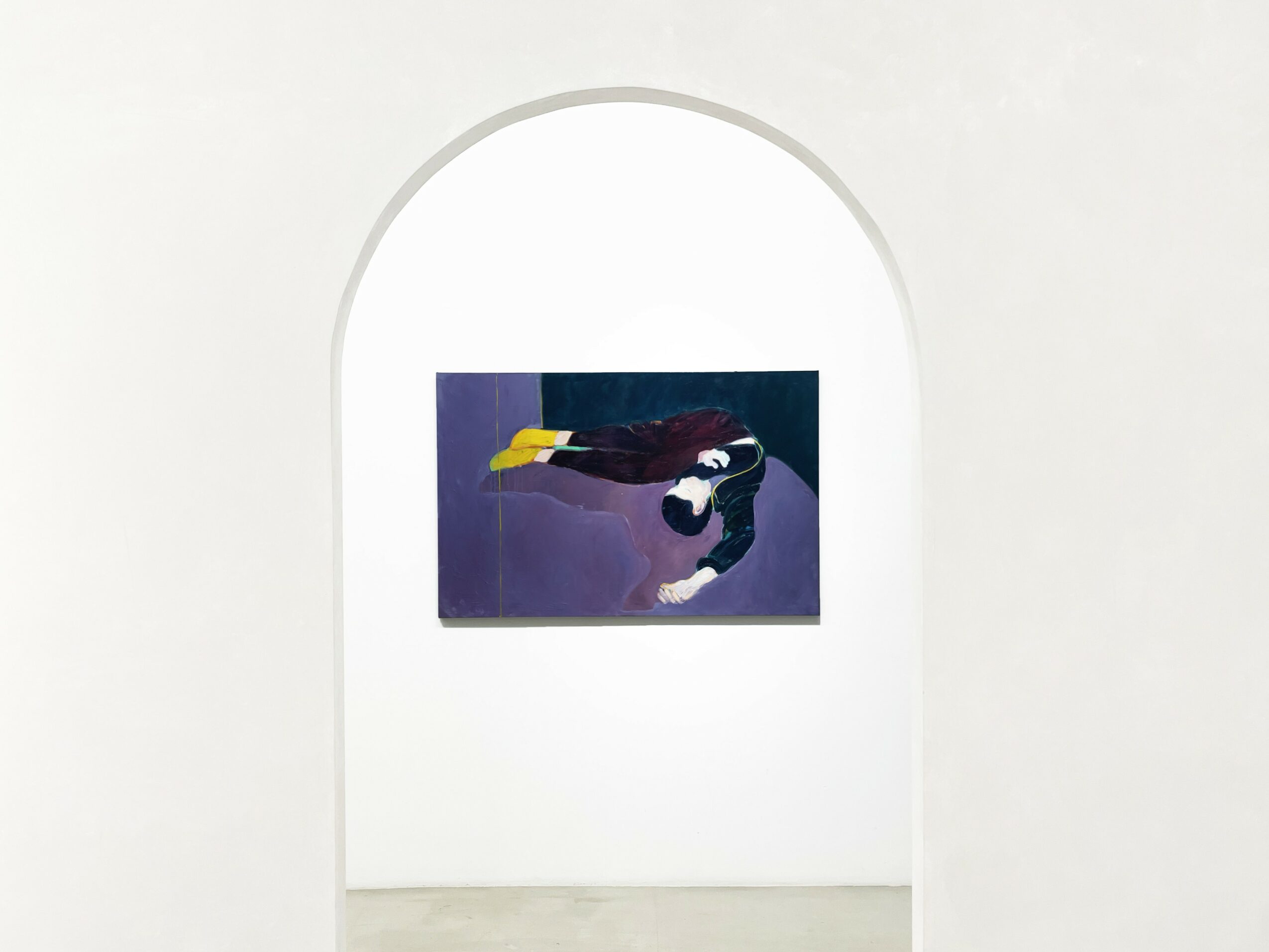 Painting of a person lying on the floor with arms extended, in a room with purple and dark background.