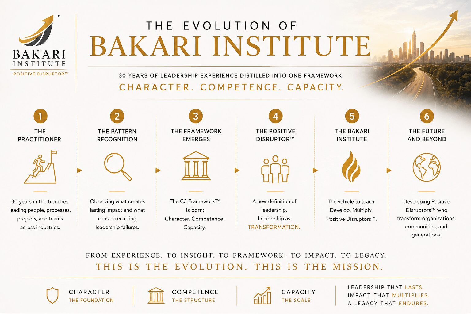 Infographic about Bakari Institute's evolution, featuring icons and text on leadership, character, competence, and capacity, with a city skyline background.