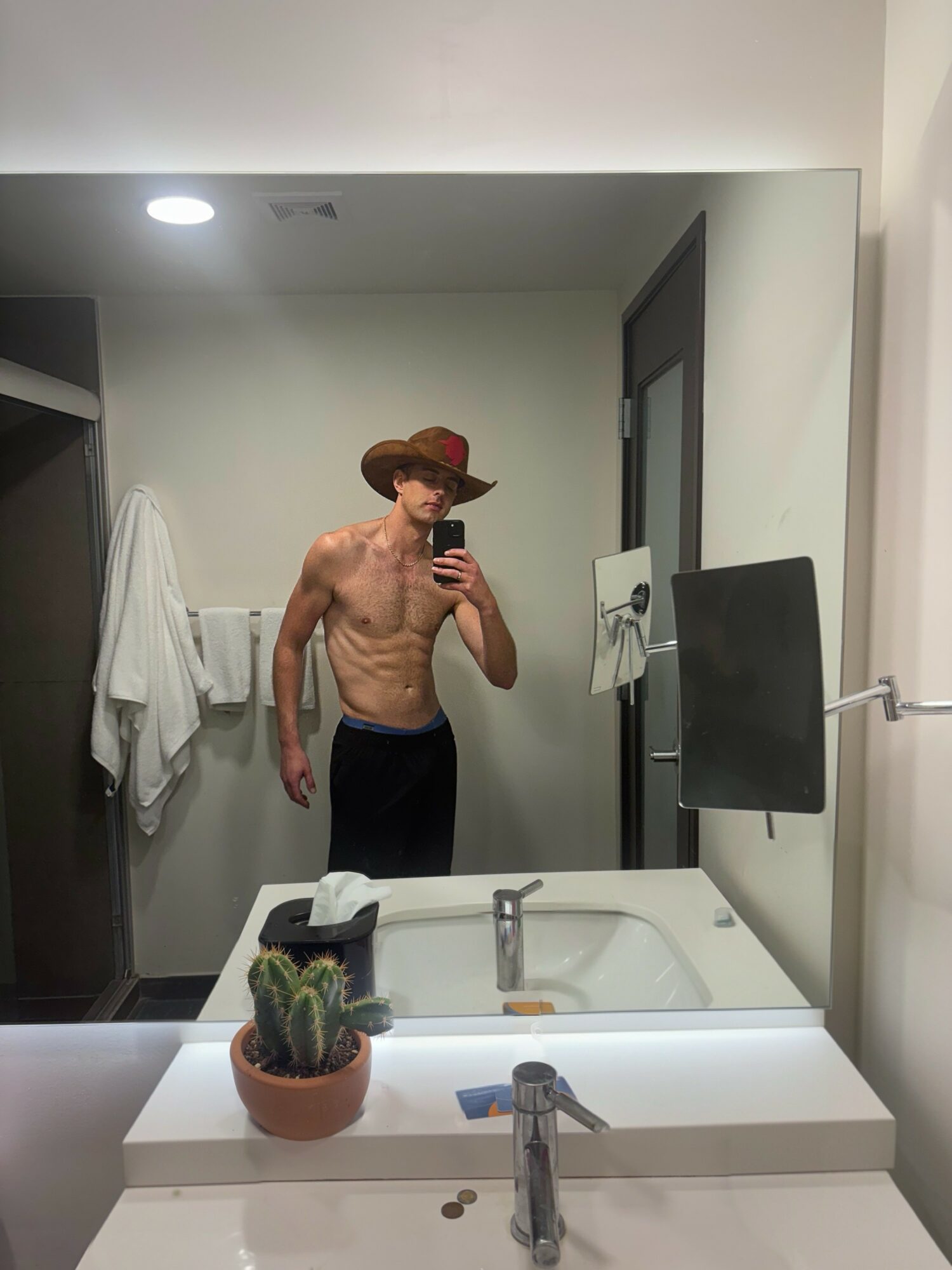 Man taking a mirror selfie in a bathroom, shirtless, wearing a hat, with a cactus plant on the sink, and towels on the wall.