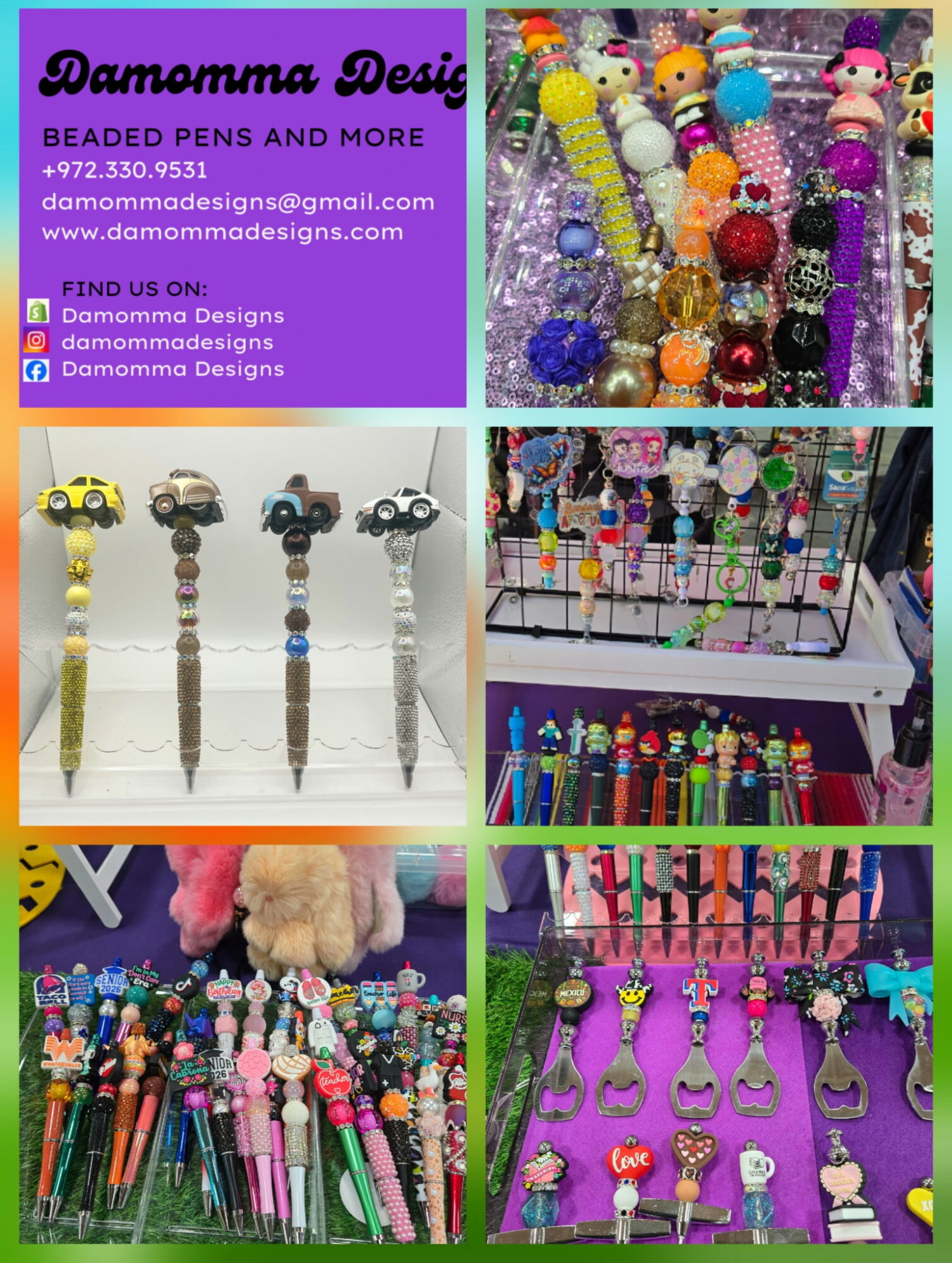 Display of colorful beaded pens, plush toys, and various stationery items on tables and shelves, with a purple background and promotional sign.