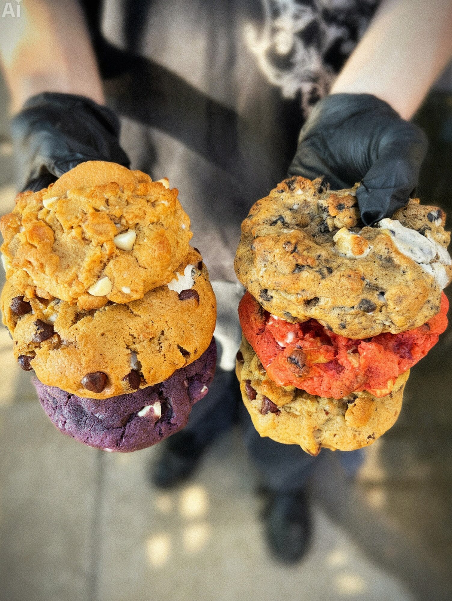 Person wearing black gloves holding two stacks of cookies with various flavors and textures.