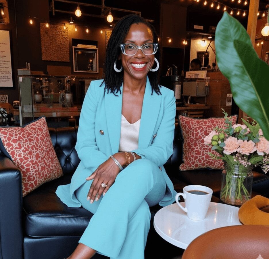 Woman with glasses and earrings sitting on a black sofa in a cafe, smiling, with a coffee cup and flowers nearby.