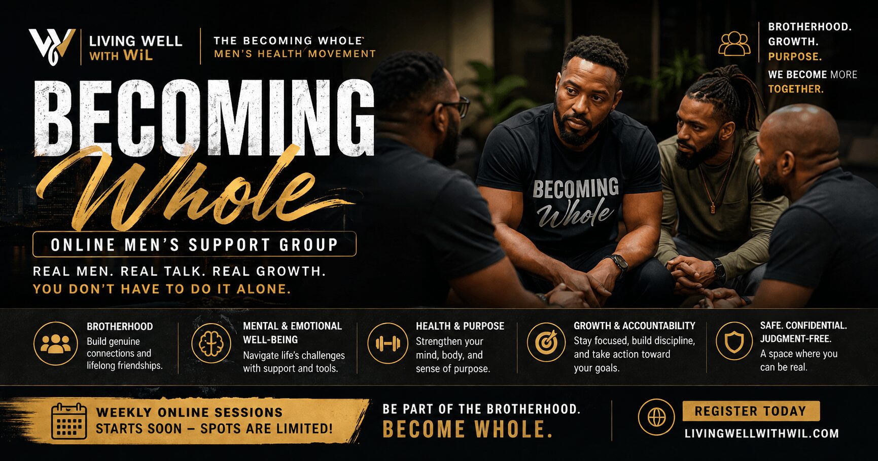 Four men sitting together, some wearing black shirts with white text, in a promotional banner for a men's support group.