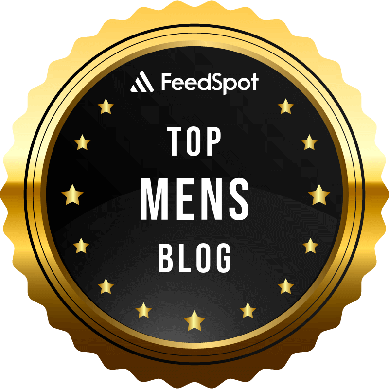 Gold and black badge with FeedSpot Top Men's Blog text and star decorations, circular design.