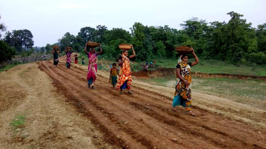 Group of women walking along a dirt path carrying baskets on their heads, surrounded by trees and greenery.