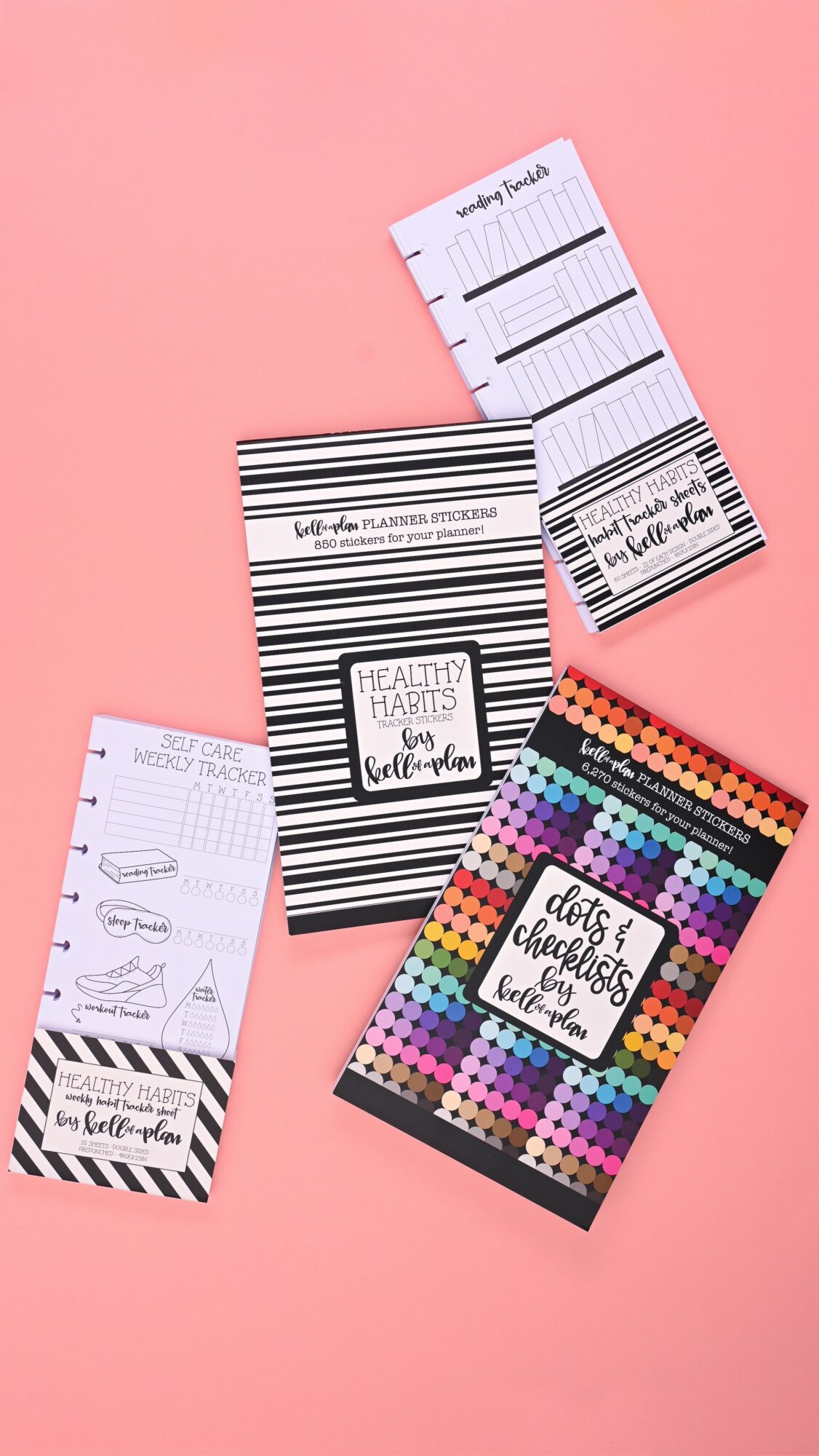 Four colorful health-related items, including tickets and a booklet, arranged on a pink background.