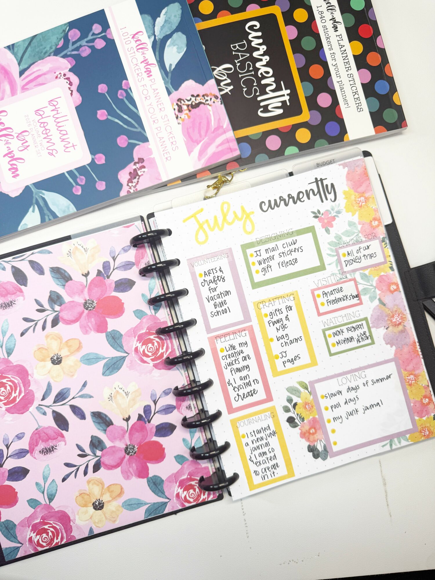 Open planner with floral design on left page and colorful weekly schedule on right page.