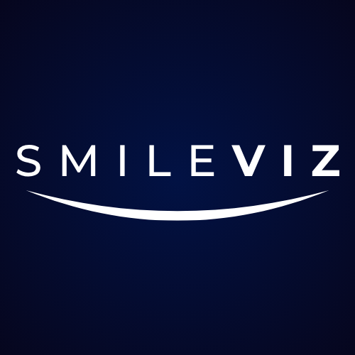 SmileVIZ logo with white text and a curved line on a dark blue background.