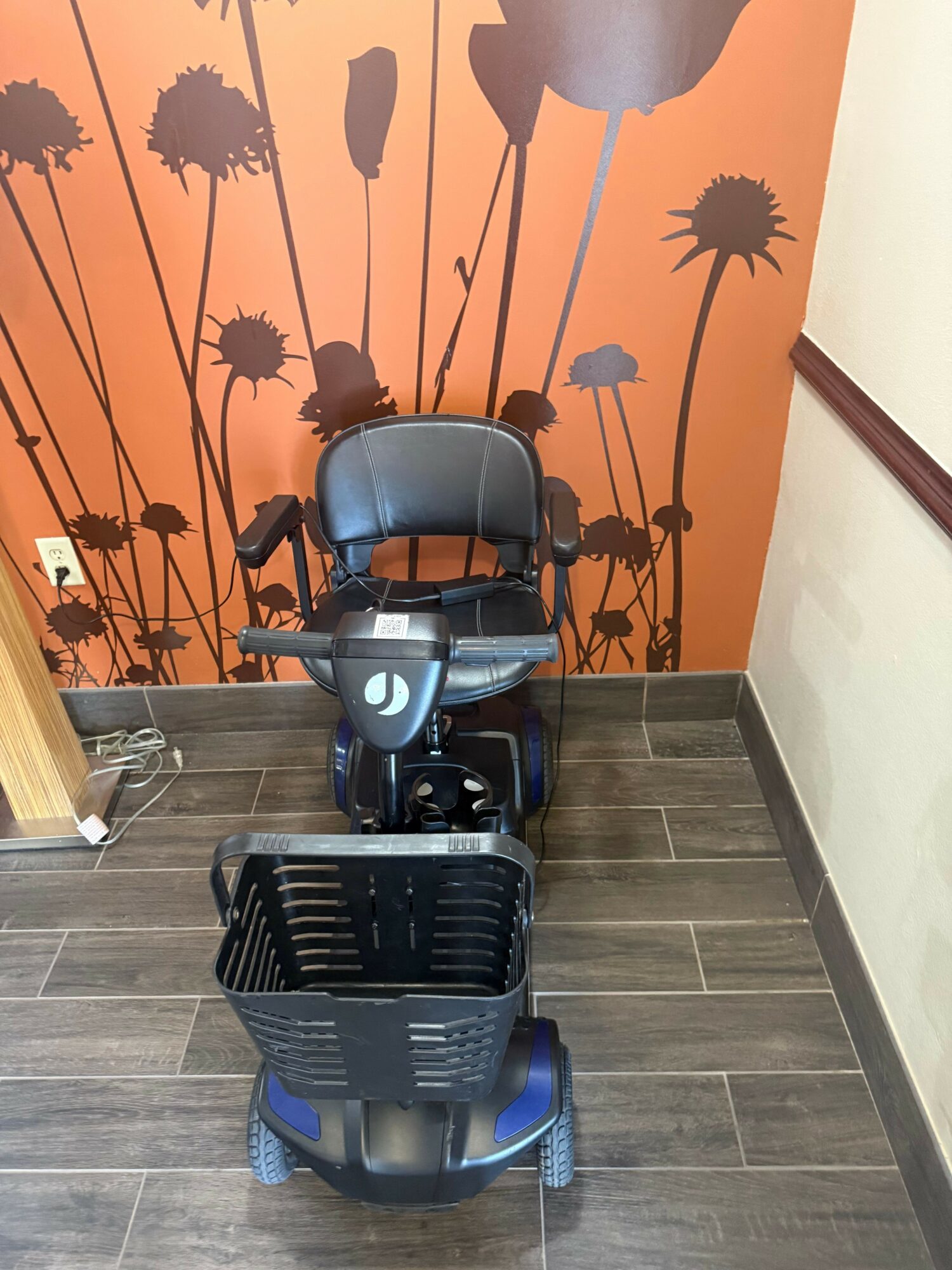 Black and blue vacuum cleaner with a handle and a black storage rack on a dark tiled floor, against an orange wall with black palm tree silhouettes.