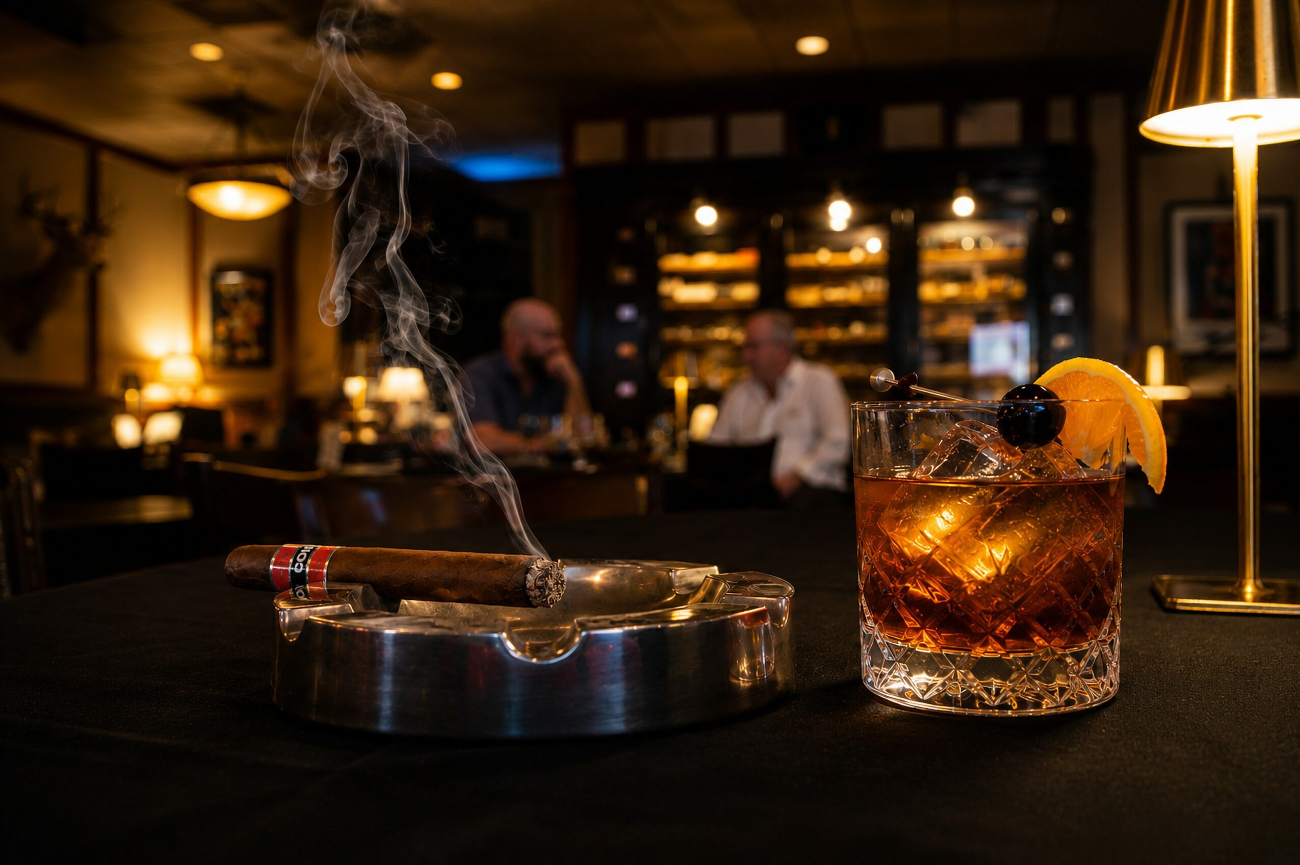 A lit cigar rests on an ashtray with smoke rising, next to a glass of whiskey with an orange slice and cherry, in a dimly lit bar. Word count: 27