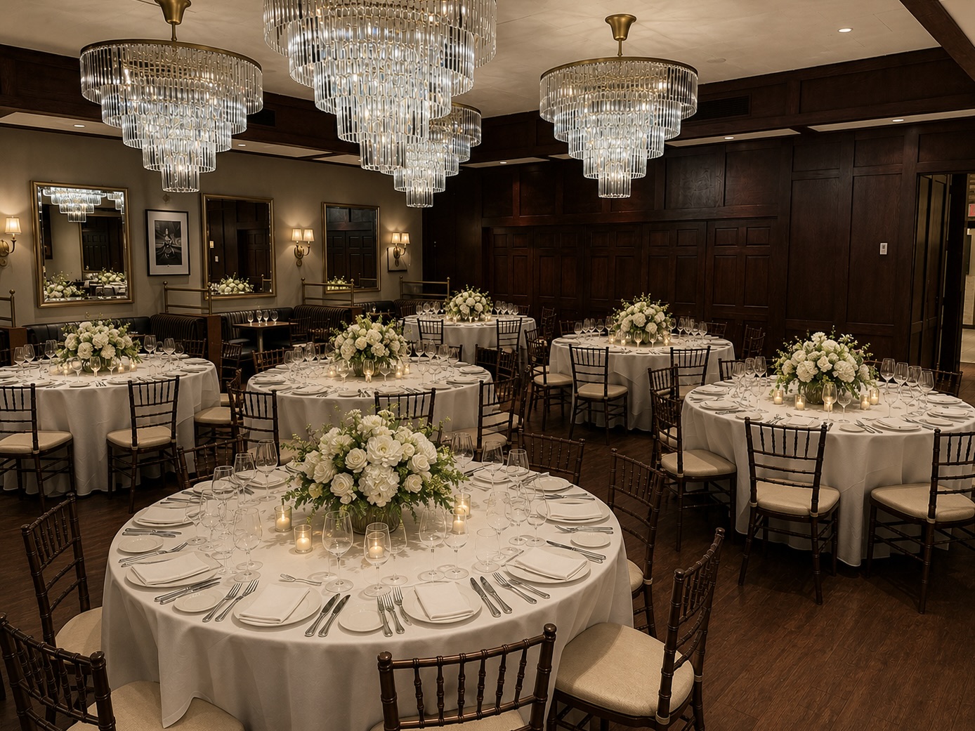Elegant banquet room with round tables, white tablecloths, floral centerpieces, chandeliers, and wooden wall paneling.