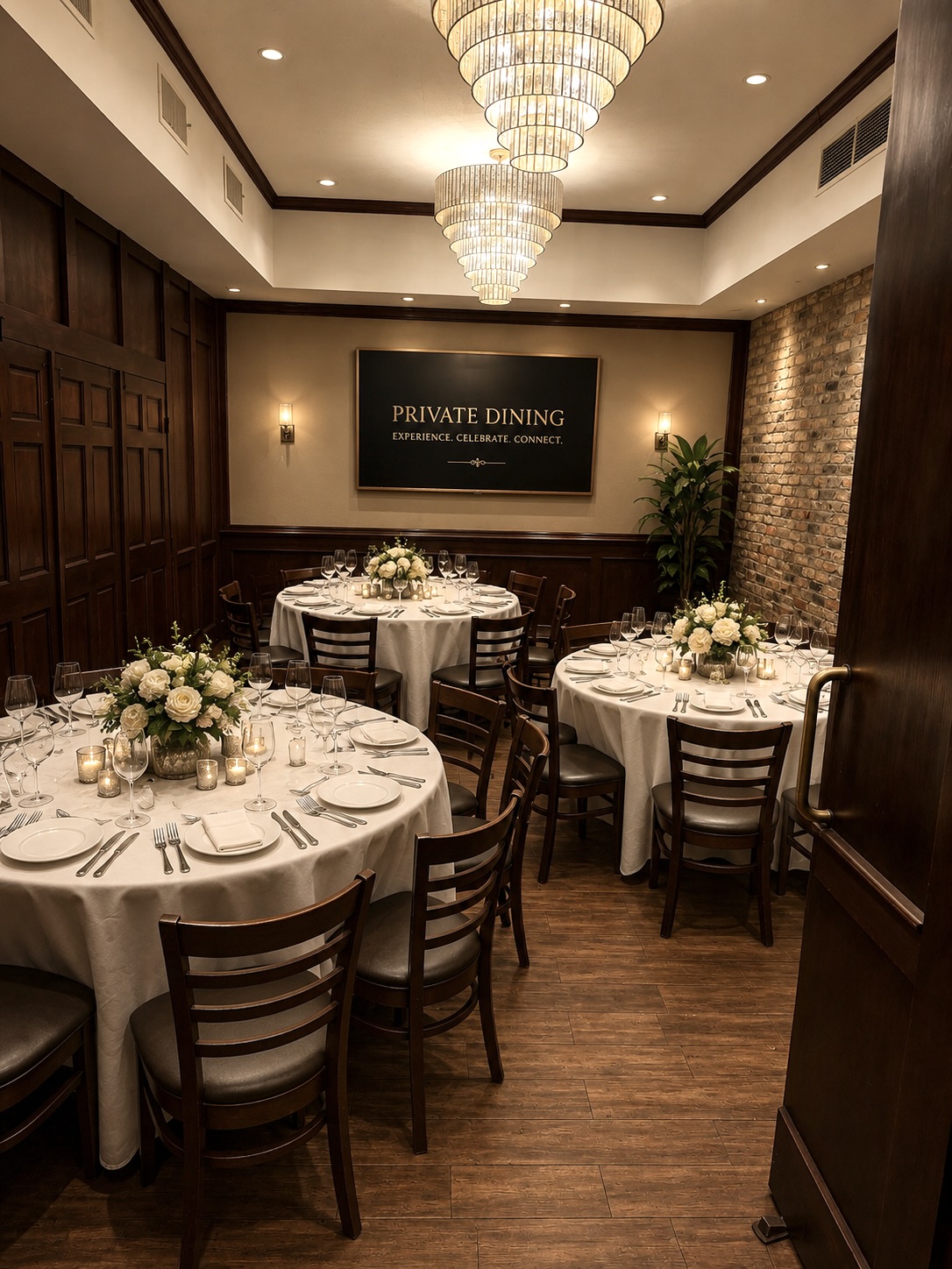 Elegant private dining room with round tables, floral centerpieces, chandelier, and a blackboard with 'Private Dining' text.