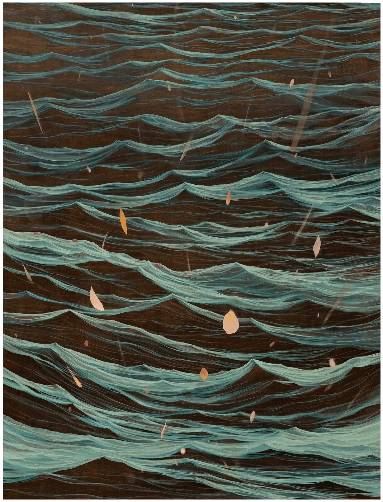 Abstract painting of dark blue and teal waves with small, colorful leaf-like shapes floating on the surface.