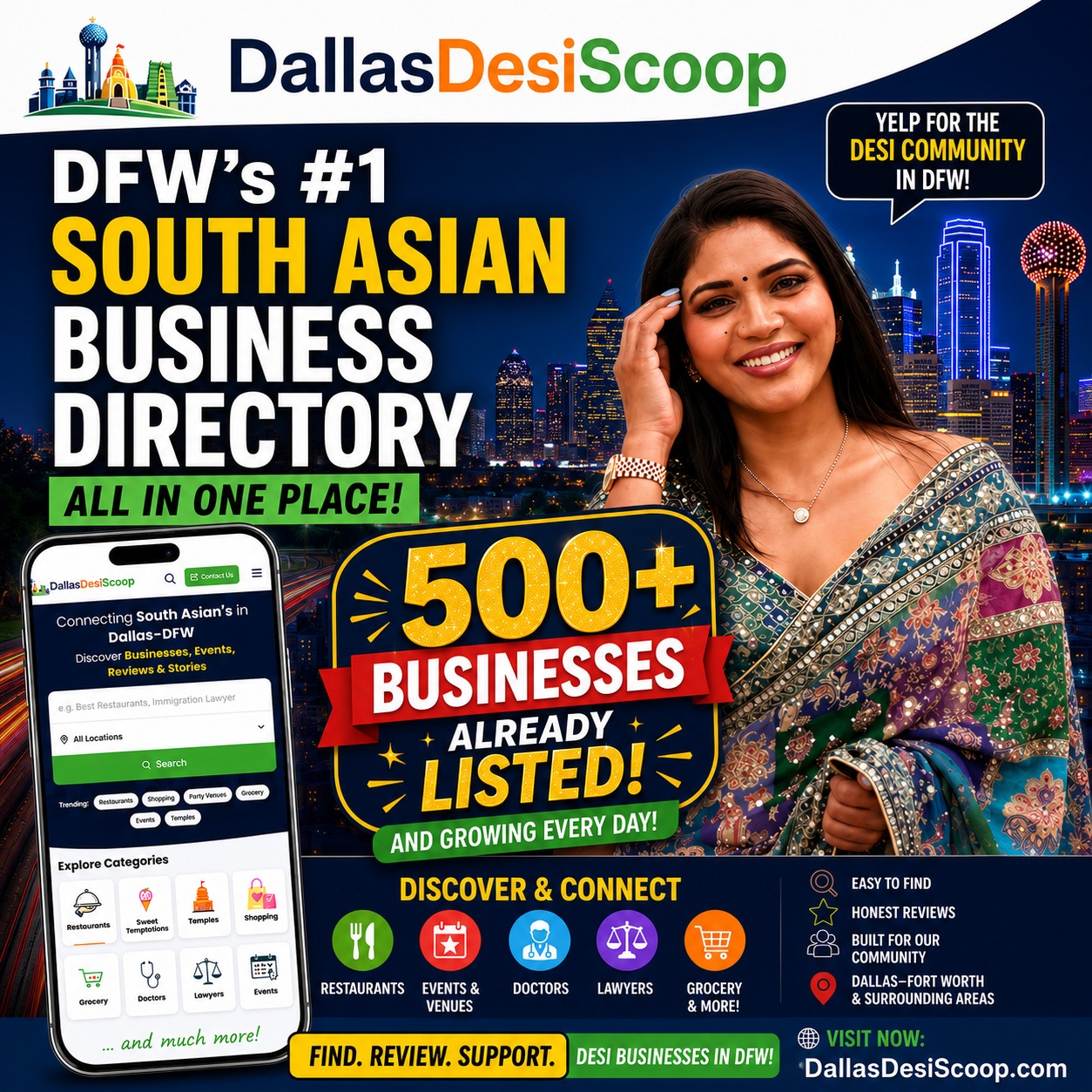 Smiling woman in traditional attire with city skyline background, promoting South Asian business directory with over 500 listed businesses.