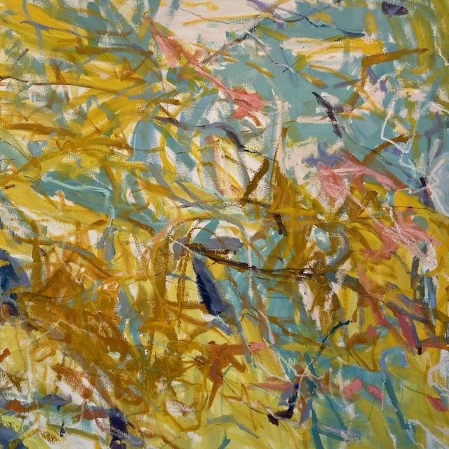 Abstract painting with yellow, blue, pink, and brown brushstrokes creating a dynamic pattern.