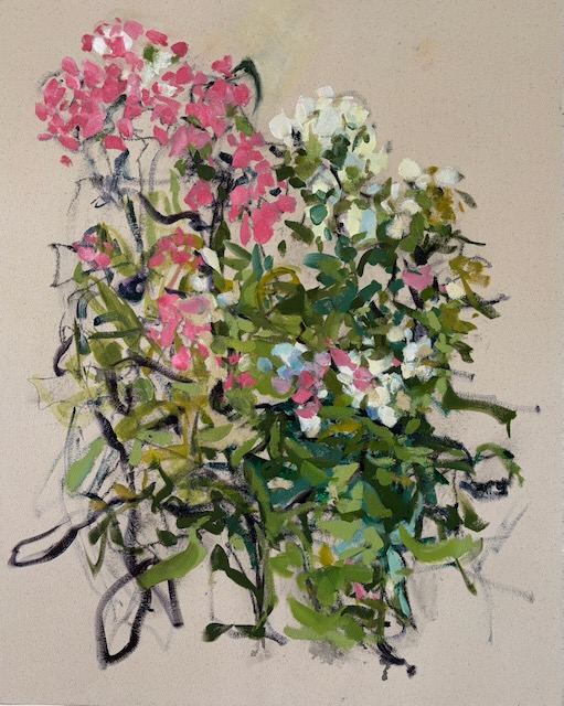 Watercolor painting of pink and white flowers with green leaves on a light background.