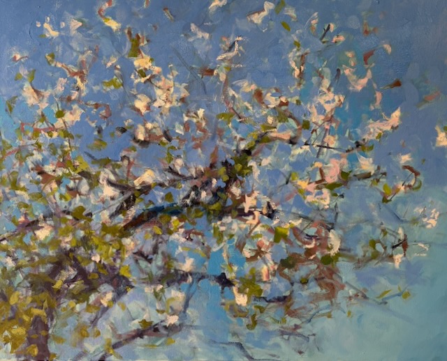 Tree branch with pink and white blossoms against a blue sky, painted in an impressionistic style.