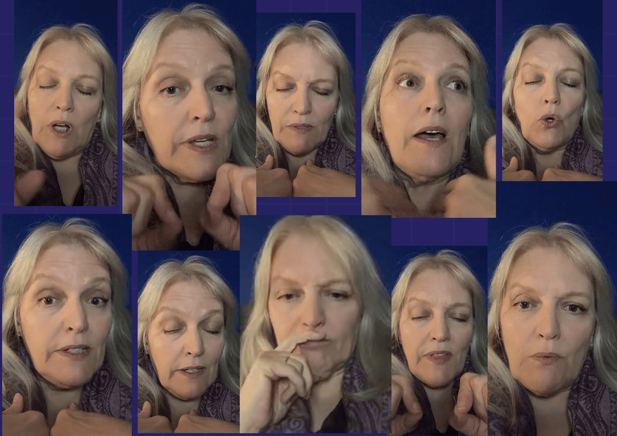 Series of close-up images of a woman with blonde hair, showing various facial expressions and gestures.