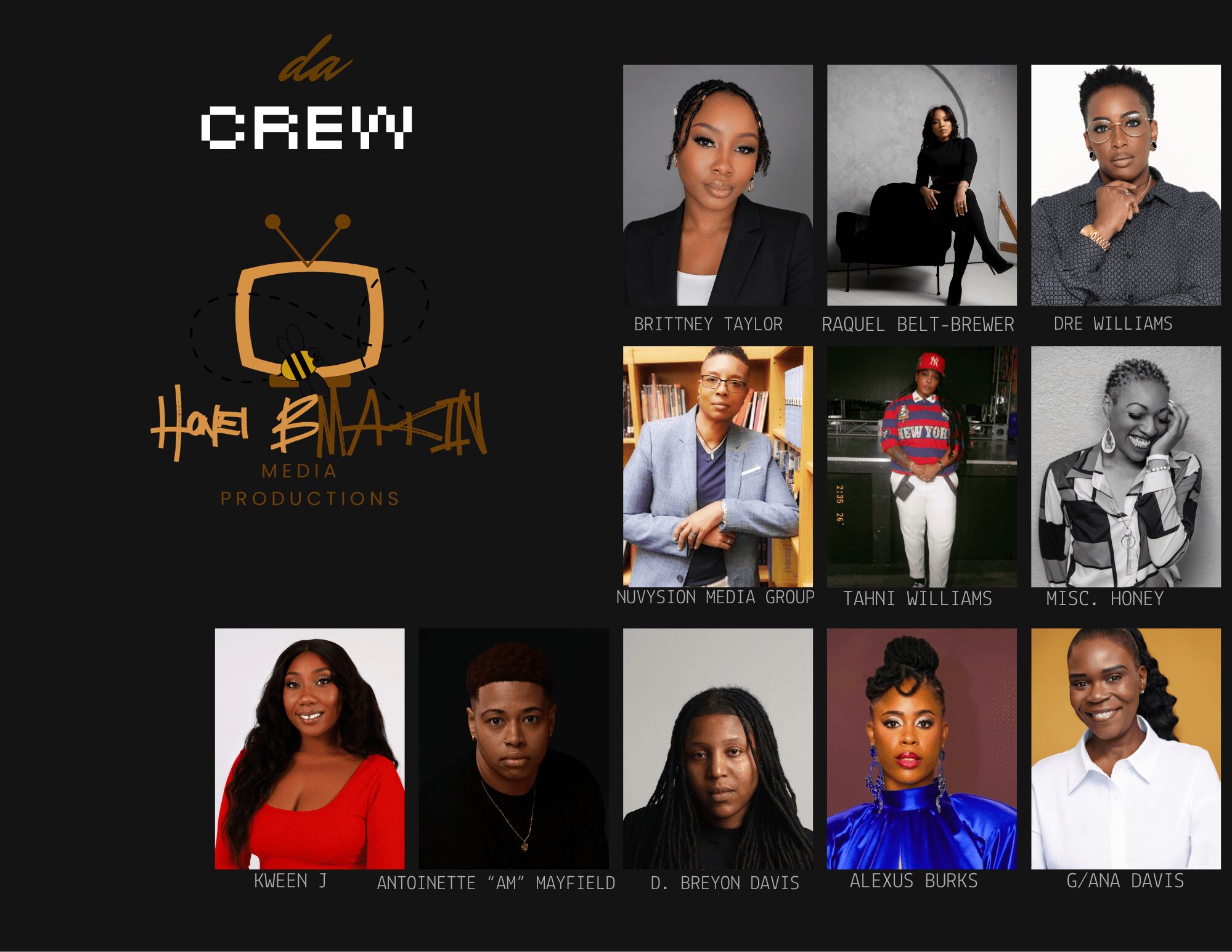 Group photo of nine women and one man, with a black background and a logo reading 'ala CREW' and 'Havel B. Adams Productions'.