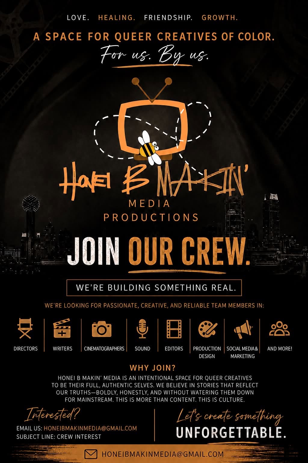Logo with a TV and paintbrush, text about a creative crew, and a city skyline at night.