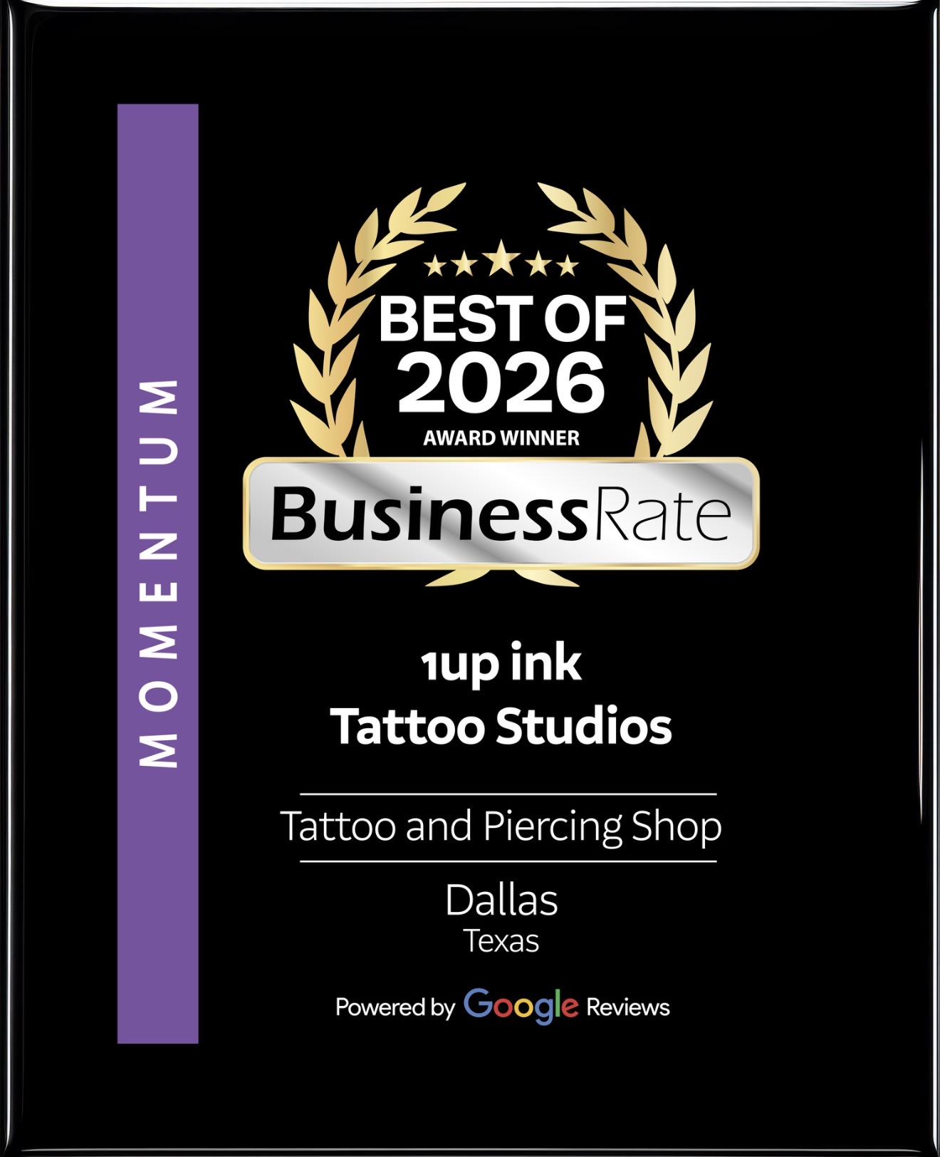 Award plaque for Best of 2026 by BusinessRate, tattoo and piercing shop in Dallas, Texas, with laurel wreath design.