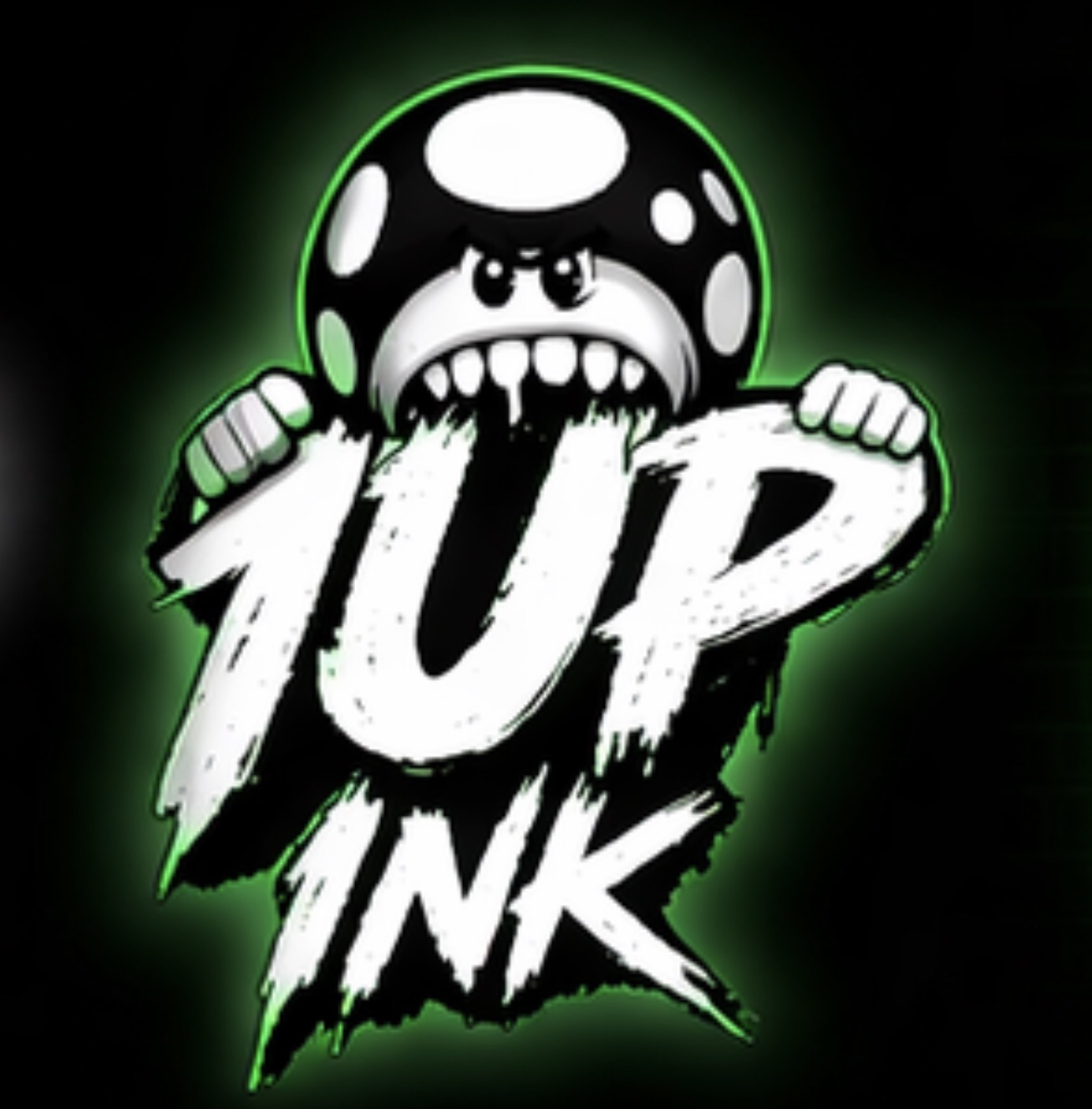 A cartoon character with a helmet and sharp teeth holding a sign that says '1UP INK' with a green glow, on a black background.