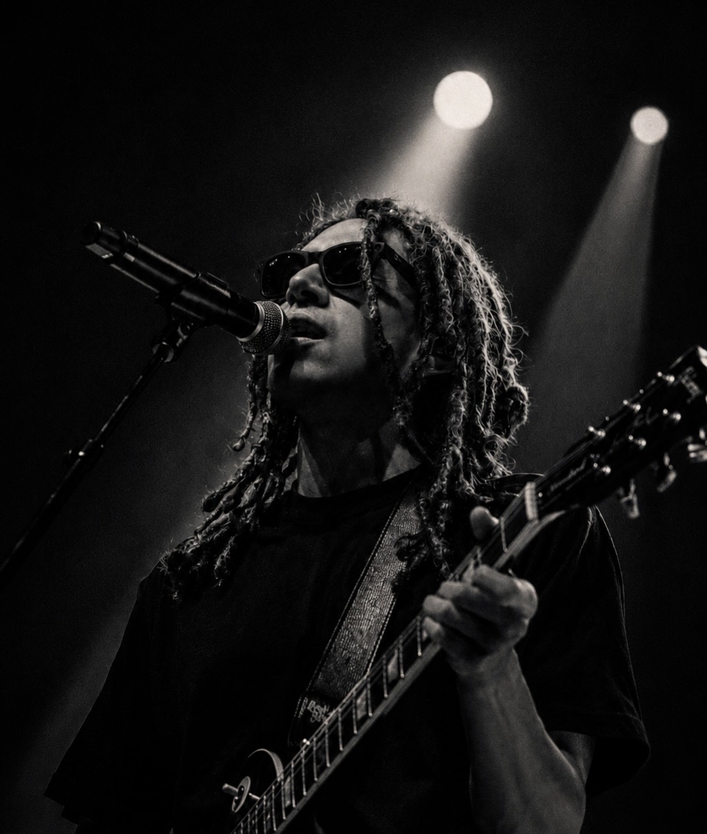 Person with dreadlocks and sunglasses singing into a microphone while playing guitar on stage, illuminated by stage lights.